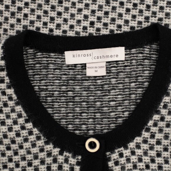 Kinross Cashmere Cardigan Sweater M Black White Check Luxury Knit Classic - Picture 5 of 7
